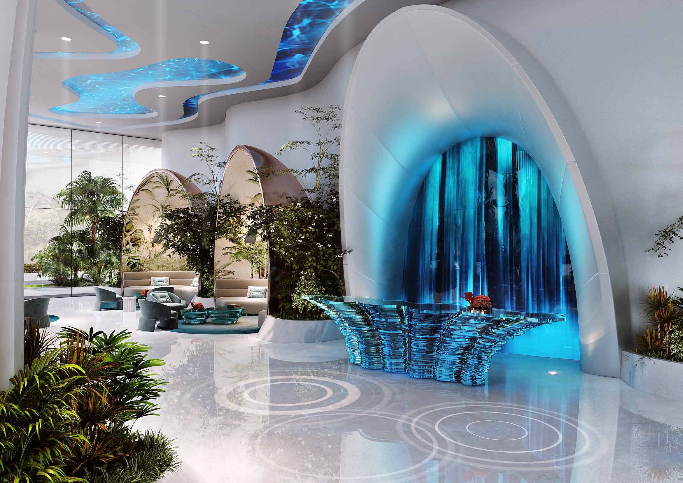 Lobby with glass reception desk before a lit waterfall wall
