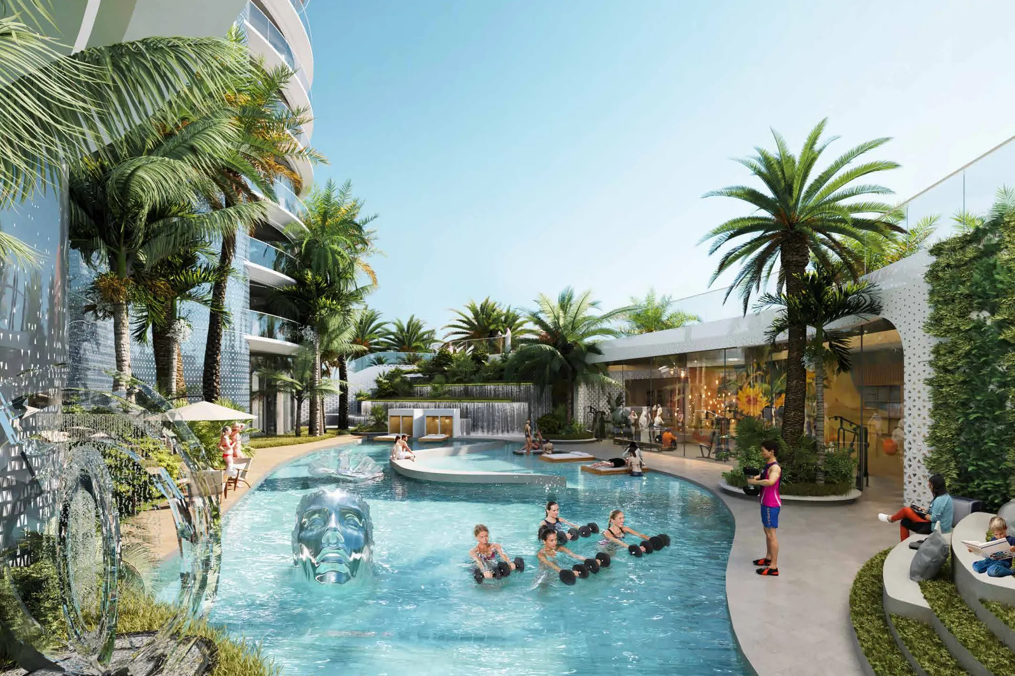 Palm-shaded garden pool with sculptures and residents exercising