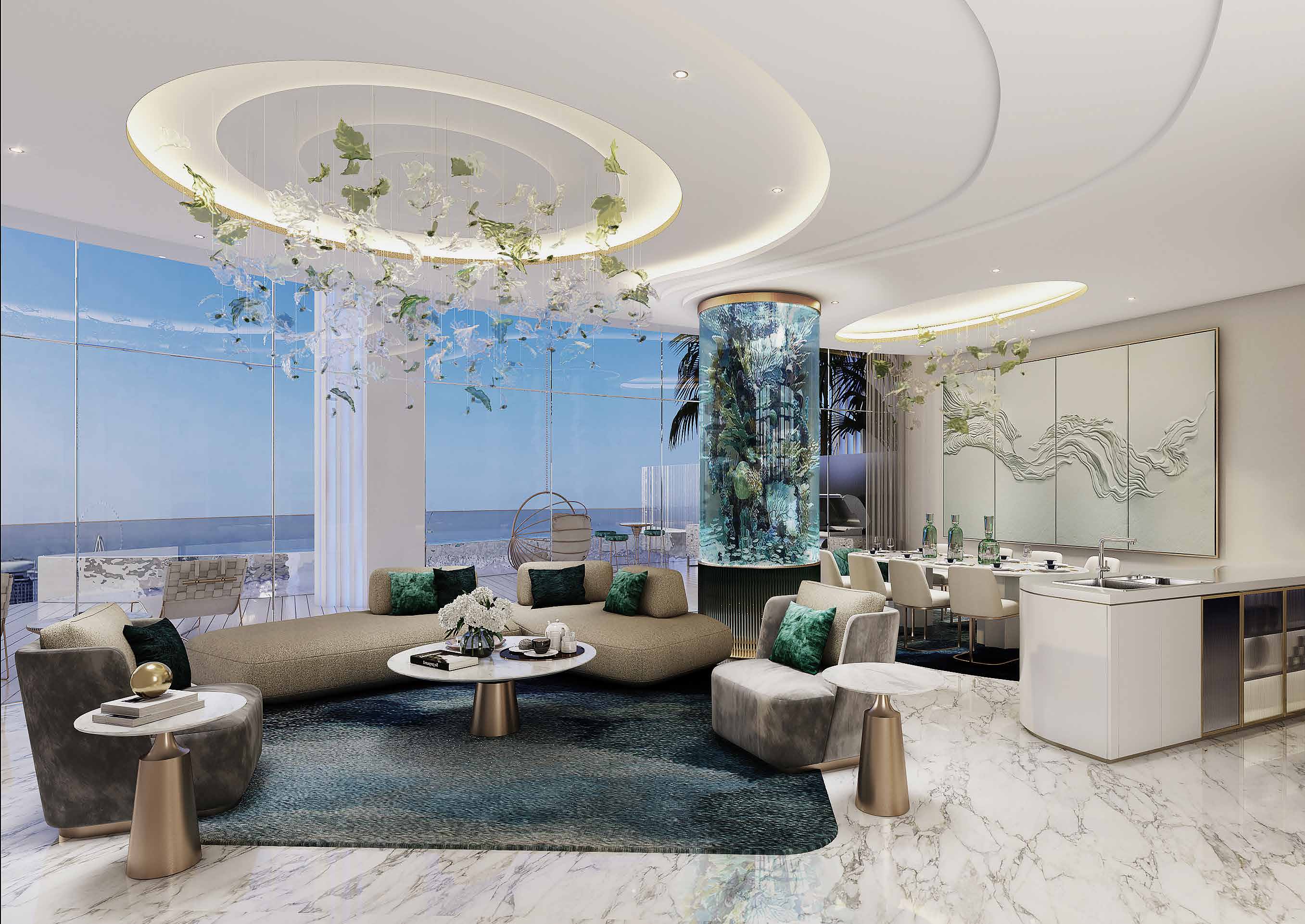 Open living room with aquarium column, marble floor and sea view