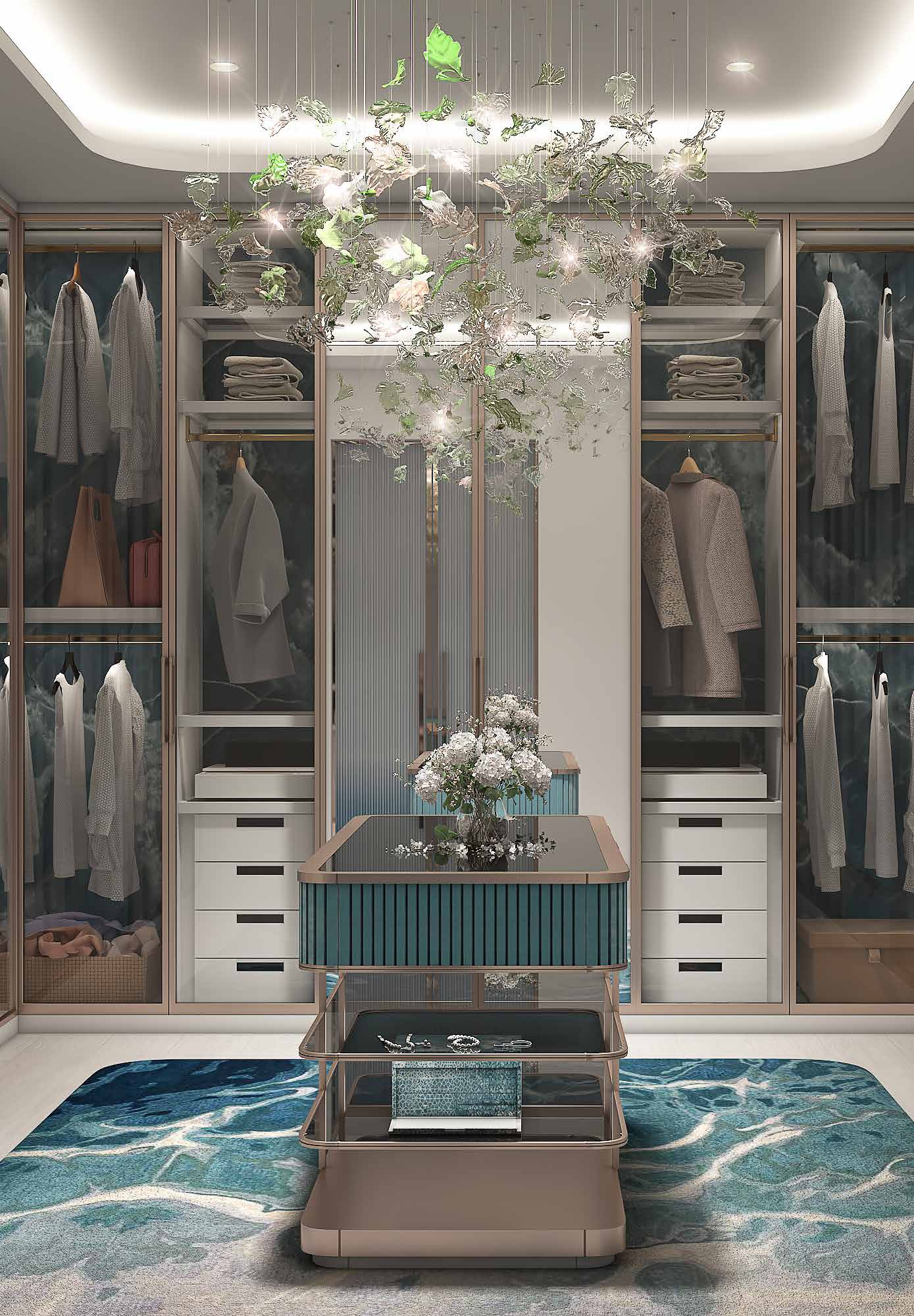 Walk-in wardrobe with glass doors, central island and chandelier