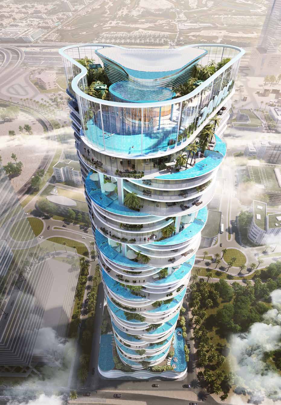 Aerial view of the tower and its rooftop pools above the neighbourhood